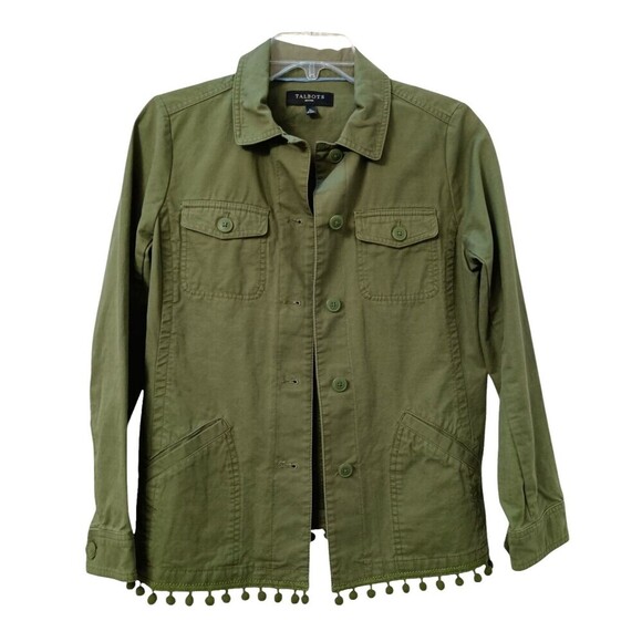 Talbots Utility Jacket Womens Small Petite Pom Pom Hemline Trim Green Button Up - Picture 1 of 4